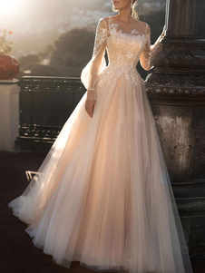 Wedding Dresses 2023 A Line Illusion Neck Long Sleeve Floor Length Tulle Pleated Bridal Dress With Train