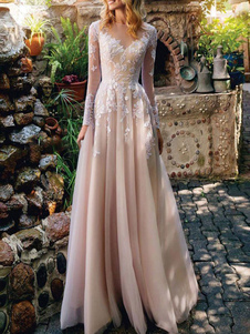 Simple Wedding Dress 2023 Tulle A Line Illusion Neck Lace Applique Floor Length Long Sleeve Tulle Boho Wedding Bridal Dresses With Train