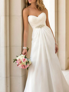 Robe mariée simple col en coeur décolletée à laçage jupe plissée à traîne robe de mariage