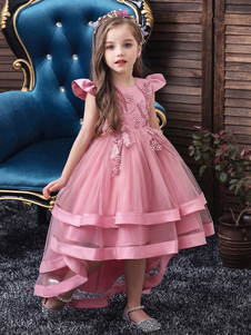 Vestidos de niña de flores Cuello joya Tul sin mangas con tren Princesa Silueta Arcos Vestidos de fiesta social para niños