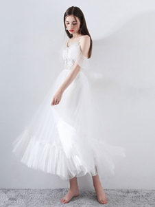 Short Wedding Dress 2023 A Line V Neck Short Sleeves Tea Length Bridal Dresses