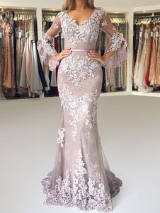 Evening Dress 2023 Mermaid V-Neck Long Sleeves Zipper Lace Satin Formal Dresses Free Customization