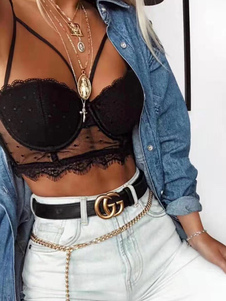 Tops Sexy en Dentelles Taille Haute Transparentes Femme avec Bretelles à Col Décolleté en V Taille Haute Unicolore