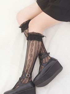 Schwarze Lolita Stocking Bows Rüschen Spitze Socken Baumwolle Lolita Zubehör