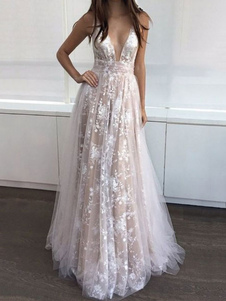 Vestiti Lunghi Albicocca  Abiti Lunghi pizzo in tulle smanicato scollato sulla schiena Vestiti Lunghi Eleganti con scollatura profonda Abiti