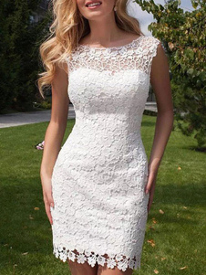 Short Wedding Dress 2023 Lace Jewel Neck Sleeveless Bridal Gowns With Panel Train