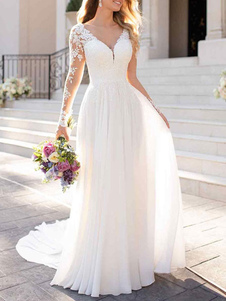 Robe mariée 2021 col V manche longue transparent en dentelle dos nu à traîne Robe de mariée