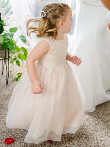 Tulle Flower Girl Dresses Champagne Jewel Neck Sleeveless Knee Length Princess Silhouette Party Dress Kids Sash Pageant Dresses Free Customization