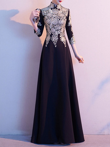 Party Dress For Mother Of The Bride High Collar 3/4 Length Sleeves A Line Applique Floor Length Wedding Guest Dresses
