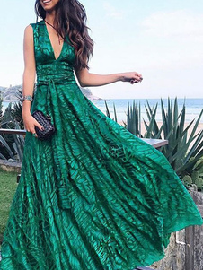 Vestiti Lunghi Verde Abiti Lunghi smanicato in chiffon monocolore Vestiti Lunghi Eleganti con scollo a V Abiti Abbigliamento  Donna