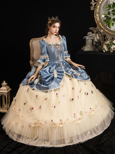 Rokoko Viktorianisches Kleid Ballkleid Kostüme Blumendruck Trompete Kurze Ärmel Quadratischer Ausschnitt Champagner Marie Antoinette Kostüm Maskerade Ballkleid Kleid