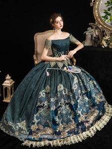 Vestido de fiesta victoriano Retro Azul marino oscuro Mangas cortas Fuera del hombro Vestido barroco Fiesta de María Antonieta Vestido rococó