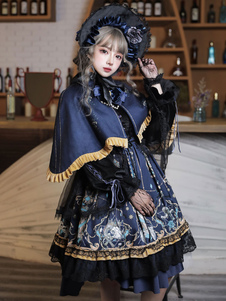 Классическое платье Lolita OP Комплект из 4 предметов Черные банты Кружева God Redemption Темные цельные платья Lolita