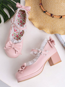 Sweet Lolita Shoes Pink Bows PU Leather Chunky Heel Lolita Pumps