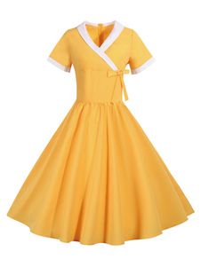 ヴィンテージサマードレス1950年代イエローツートン半袖スウィングドレス