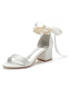 Ivory Wedding Shoes Satin Open Toe Pearls Bows Chunky Heel Bridal Shoes Block Heel Bridesmaid Shoes