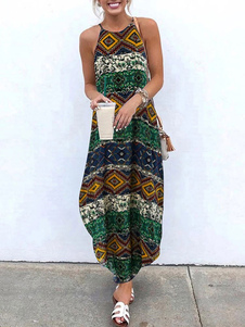 Vestido largo estampado sin mangas de Boho Vestido largo para mujer