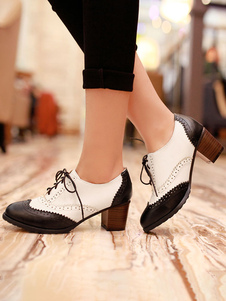 Women Oxfords Black Classic Round Toe Leather Lace Up Block Heel Oxford Shoes
