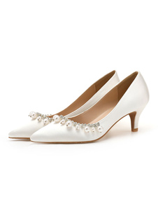Woman's Mid-Low Heels Elegant Pointed Toe Kitten Heel Slip-On Pretty Pearls White Wedding Pumps & Heels