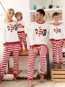Conjunto de calça de pijama de natal para família com mistura de algodão vermelho listras cor bloco