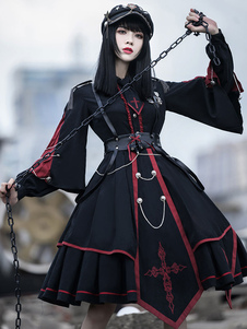 Vestido de estilo militar Lolita OP Conjunto de 3 piezas Conjunto de vestido negro de manga larga de poliéster Lolita