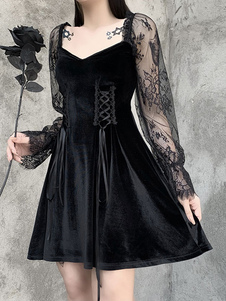 Damen Gothic Kleid Schwarz Gothic Korean Samt Spitzenärmel Retro Kleid