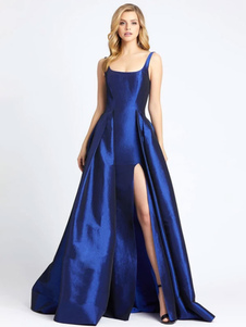 Blaue Abendkleider A-Linie Ballkleid Taft Bodenlange Partykleider Klatschkleider