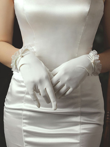 Women Wedding Gloves White Satin Fabric Pearls Ruffles Bridal Gloves