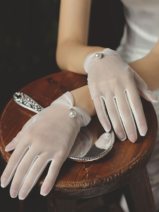 Women Wedding Gloves Tulle Pearls Bridal White Gloves