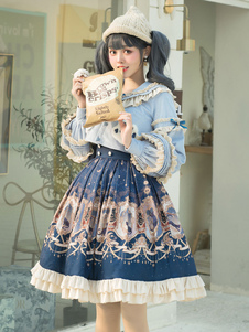 Süße Lolita Outfits Baby Blue Rüschen mit Tiermotiv Bögen Langarm Top Bowknot Overskirt Set