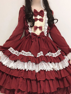 甘いロリータOPドレスネバーランドレースブルゴーニュカスケードフリルボウロリータワンピースドレス