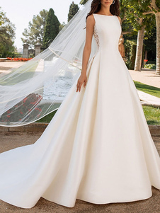Ivory Wedding Dresses A-Line With Chapel Train Sleeveless Lace High Collar Bridal Gowns Free Customization