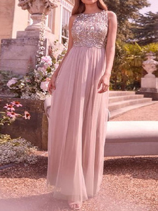Pink Bridesmaid Dress Sleeveless Lace Wedding Guest Dresses Tulle A Line Prom Dress