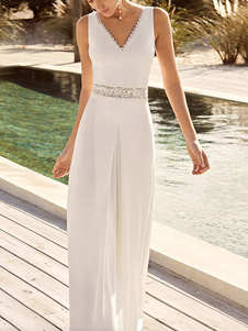 Combinaison soirée haut col en V dos plongeant pantalon droit évasé en mousseline combinaison mariée