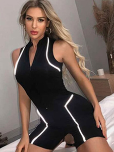Женский черный двухцветный обтягивающий летний комбинезон из полиэстера с высоким воротником и высоким воротником