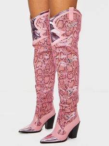 Women Western Boots Snake Pattern Pointed Toe Over The Knee Boots Leather Chunky Heel Thigh High Boots