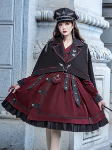 Academic Lolita Poncho Black Polyester Half Sleeve Rivets Chains Spring Lolita Outwears Poncho Cape