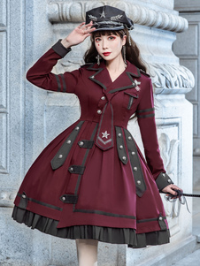 Abito stile militare Lolita OP Abito bordeaux a maniche lunghe Catene Ruffles Abiti accademici Lolita di un pezzo