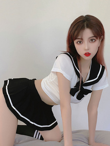 Women Sexy School Girl Costume 3-Piece Set Black Mini Skirt T-Back Top Outfits