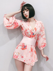 Sexy Kimono Pink Blumendruck Polyester Kostüm für Damen 3-teiliges Set