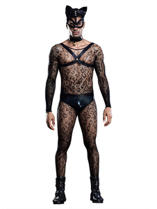 Disfraz sexy para hombre, conjunto de 5 piezas negro, mono superior, pantalones, máscara, corbata de poliéster, ropa sexy para club nocturno