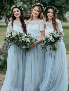 Bridesmaid Dress Blue A-Line Jewel Neck Short Sleeve Floor-Length Lace Prom Dress Free Customization