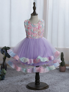 Vestidos de menina flor roxa com gola em joia flores sem mangas para crianças vestidos de festa social