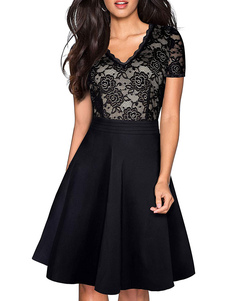 Prom Dress Black Satin Fabric V-Neck A-Line Short Sleeves Lace Knee Length Party Dresses
