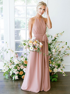 Bridesmaid Dress A-Line Floor-Length Jewel Neck Sleeveless Backless Chiffon Cameo Brown Wedding Party Dress Free Customization