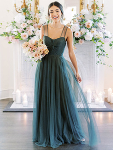 Bridesmaid Dresses A-Line Sweetheart Neck Sleeveless Floor-Length Single Thread Tulle Green Wedding Party Dress Free Customization