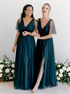 Bridesmaid Dress A-Line V-Neck Half-Sleeve Floor-Length Zipper Single Thread Tulle Green Formal Gowns Free Customization