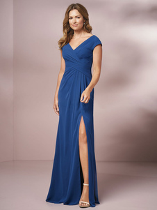 Mother Dress V-Neck Sleeveless Sheath Pleated Floor-Length Split Blue Guest Dresses For Wedding
