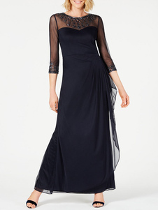 Bridal Mother Dress Jewel Neck 3/4 Length Sleeves A-Line Beaded Chiffon Black Long Guest Dresses