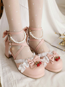 Sapatos Sweet Lolita Verão Cinta Tornozelo Laços Morango bico redondo Couro PU Sandálias de salto grosso